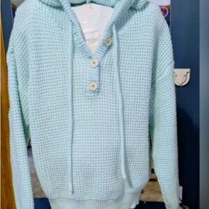 Light Aqua Knit Hoodie Sweater with Buttons